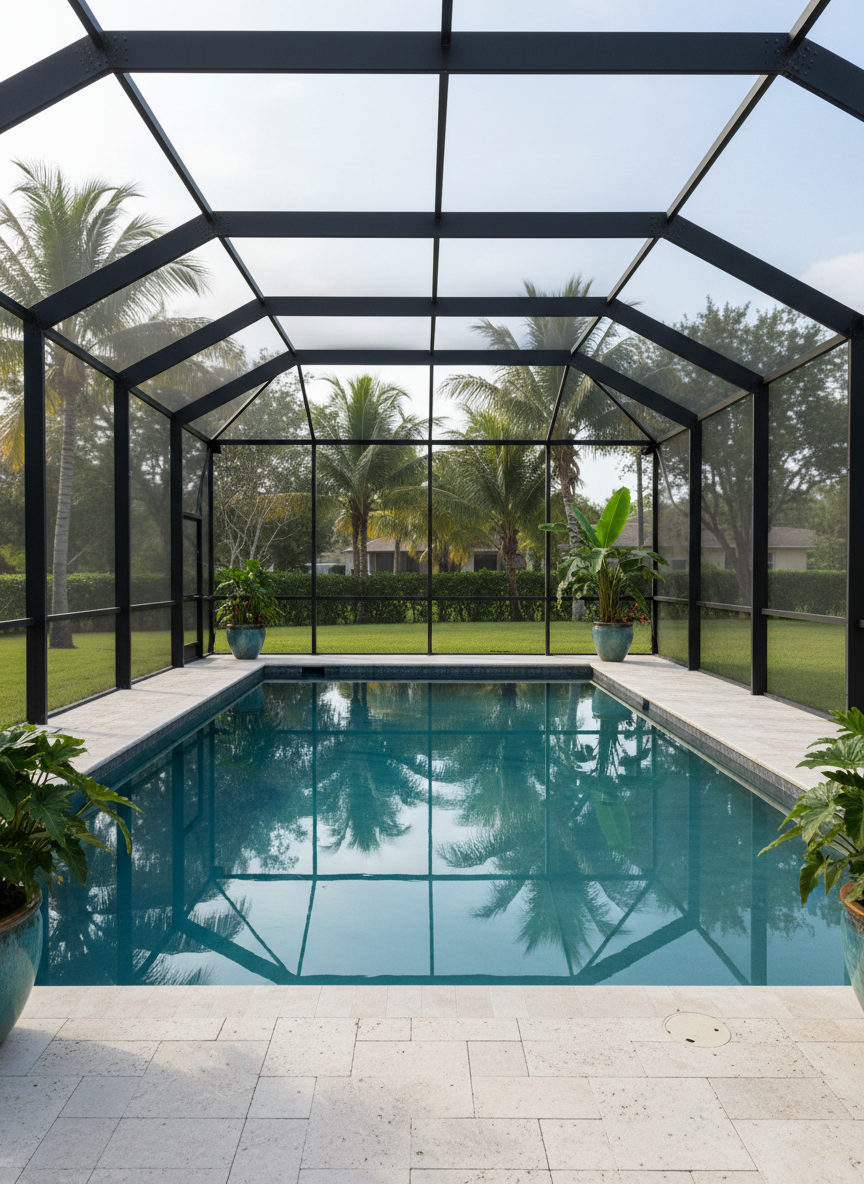 A sophisticated backyard oasis in Southwest Florida featuring a pristine screened pool and lanai area. The clear blue pool water reflects the geometric pattern of an immaculate, recently repaired screen enclosure overhead. Around the pool, clean travertine pavers show no dirt or mildew, and potted tropical plants with glossy leaves provide subtle greenery at the edges. Beyond the enclosure, glimpses of palm trees and a manicured lawn suggest a well-maintained property. Late-morning natural light filters through the screens, creating soft, dappled highlights on the water and deck without harsh glare. Photographic realism with a wide-angle, eye-level composition showcases the entire space, evoking a serene, resort-like atmosphere that feels secure, protected, and perfectly maintained.