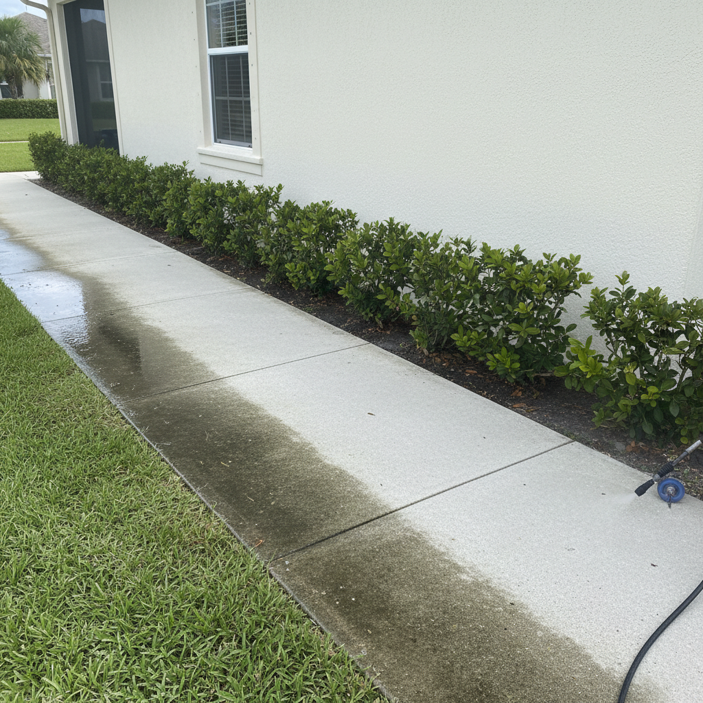 A close, detailed view of a Southwest Florida side yard undergoing professional pressure washing and exterior cleaning. In the foreground, a concrete walkway transitions dramatically from dark, algae-stained sections to freshly cleaned, bright surfaces, with a crisp dividing line between the two. The stucco exterior wall of the home appears spotless and light-colored, with clean window sills and no streaks. Nearby, a small, immaculately trimmed hedge and patch of lawn emphasize overall property care. Diffused, bright daylight creates gentle reflections in small puddles along the cleaned path, enhancing the sense of freshness. The photographic composition uses a diagonal leading line along the walkway, drawing the eye through the frame, and the mood is orderly, hygienic, and quietly luxurious.