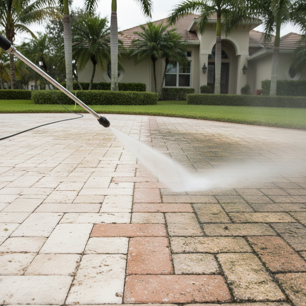 A high-end Southwest Florida driveway and front entry being pressure washed, captured mid-service. The foreground features a section of paver driveway that is half cleaned and half still weathered, clearly revealing the striking contrast between bright, restored stone and darker, stained areas. A sleek, modern pressure washing wand extends into frame, with fine mist and water droplets catching the light. Surrounding the driveway are neatly trimmed hedges, a trimmed lawn, and tall palms framing the residence. Soft, bright daylight with slightly overcast skies creates even, diffused lighting and minimal harsh shadows. The photographic composition uses a low, side angle and rule-of-thirds framing to emphasize the transformation, creating a professional, precise, and trustworthy mood that highlights meticulous exterior maintenance.