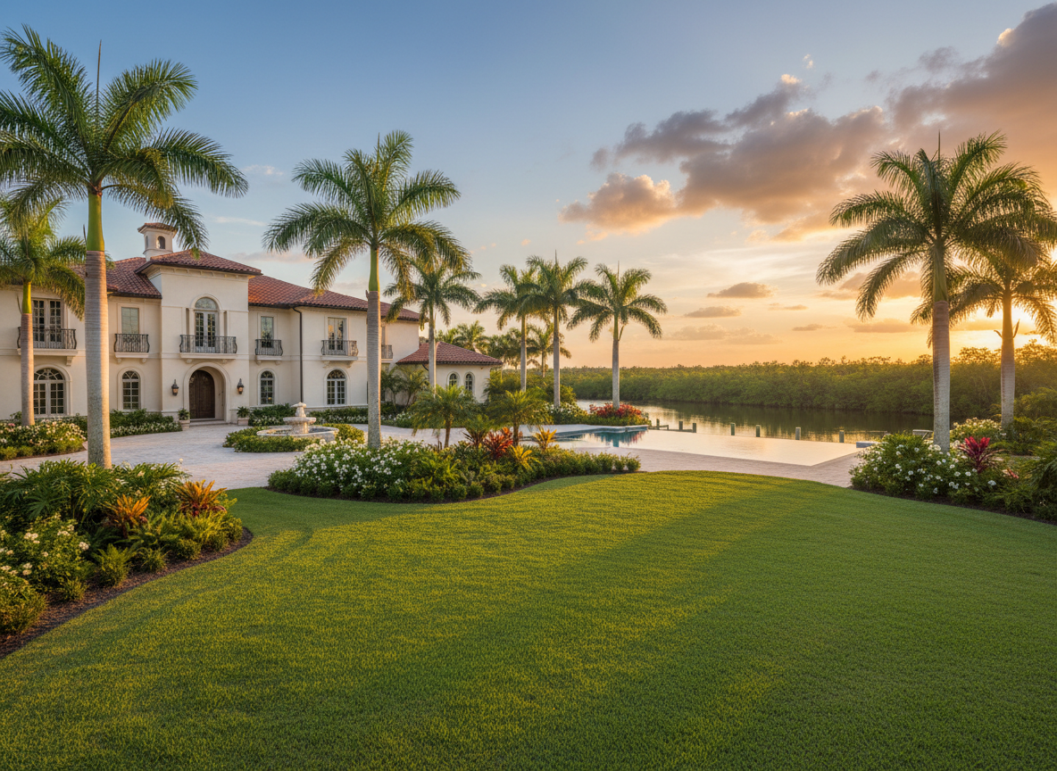 A luxury Southwest Florida estate home at golden hour with impeccably manicured tropical landscaping and mature royal palms.