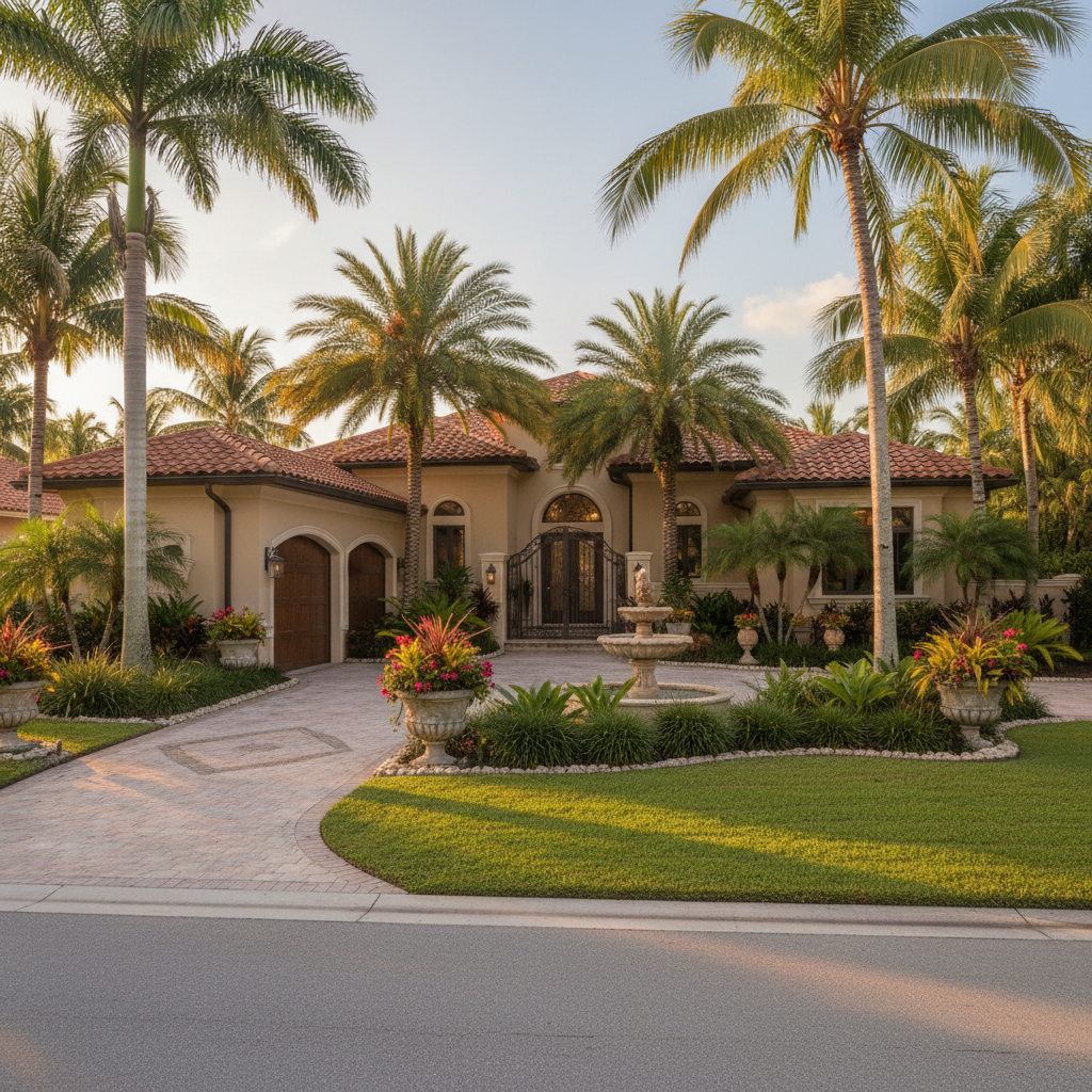 A beautifully manicured Southwest Florida residential property with lush tropical landscaping, palm trees, and a pristine lawn. Warm golden hour lighting, sophisticated and professional feel, high-end curb appeal.